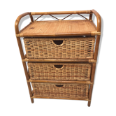 Meuble de rangement en osier rotin vintage à 3 tiroirs