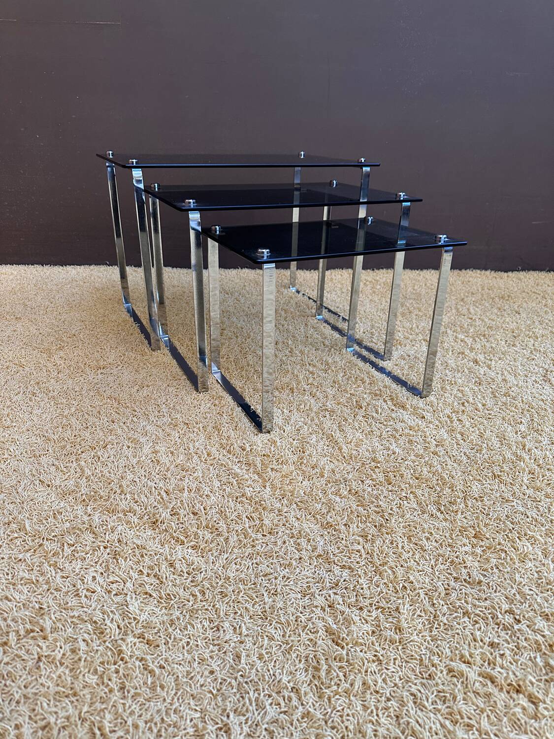 Set of 3 nesting tables in metal and smoked glass