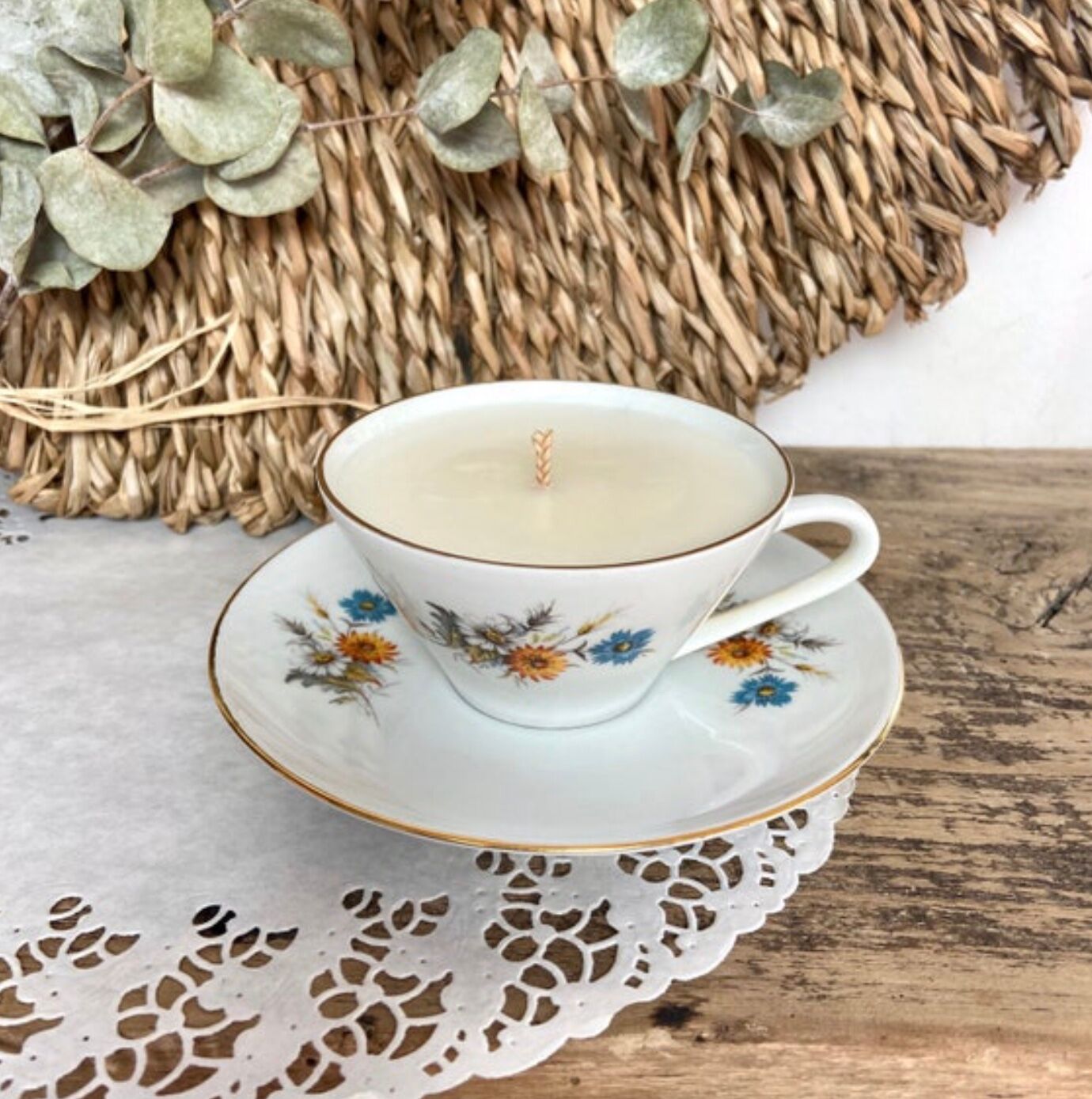 Natural soy wax candle and porcelain cup