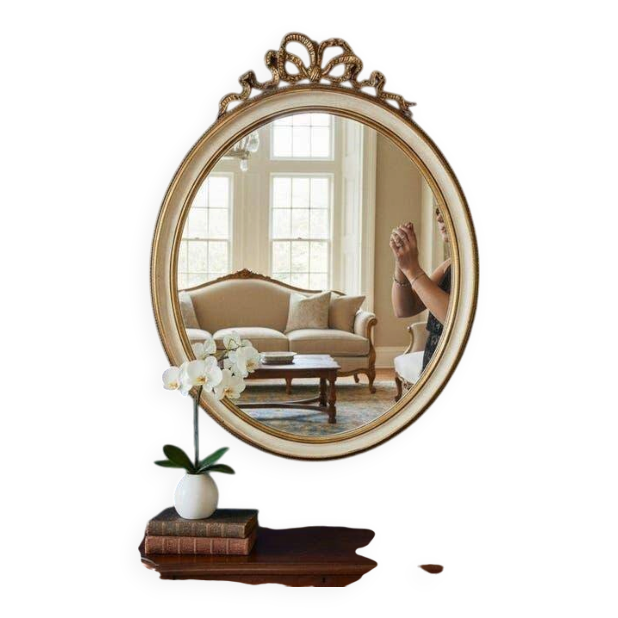 Miroir mural ovale baroque vintage à décor de noeud