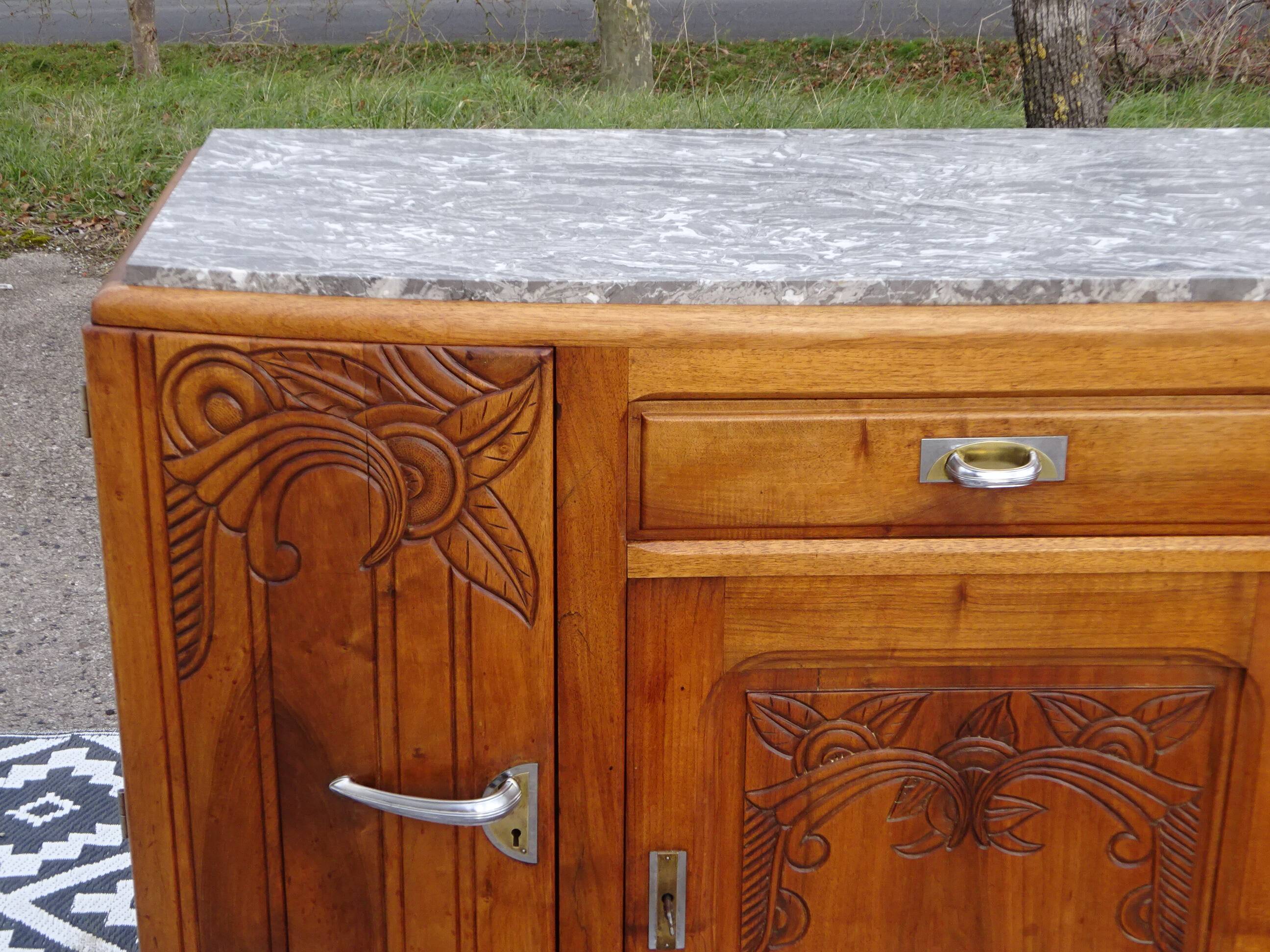 Narrow sideboard, art deco in light walnut, gray marble top