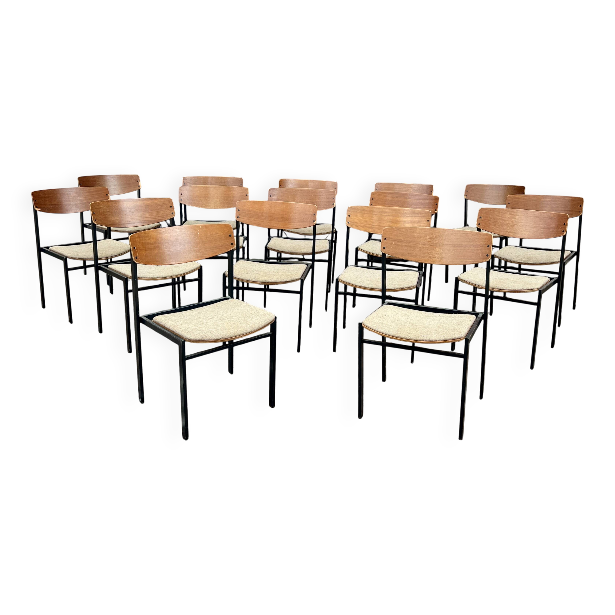 🪑 Set of 18 vintage wood and metal chairs – fabric seat