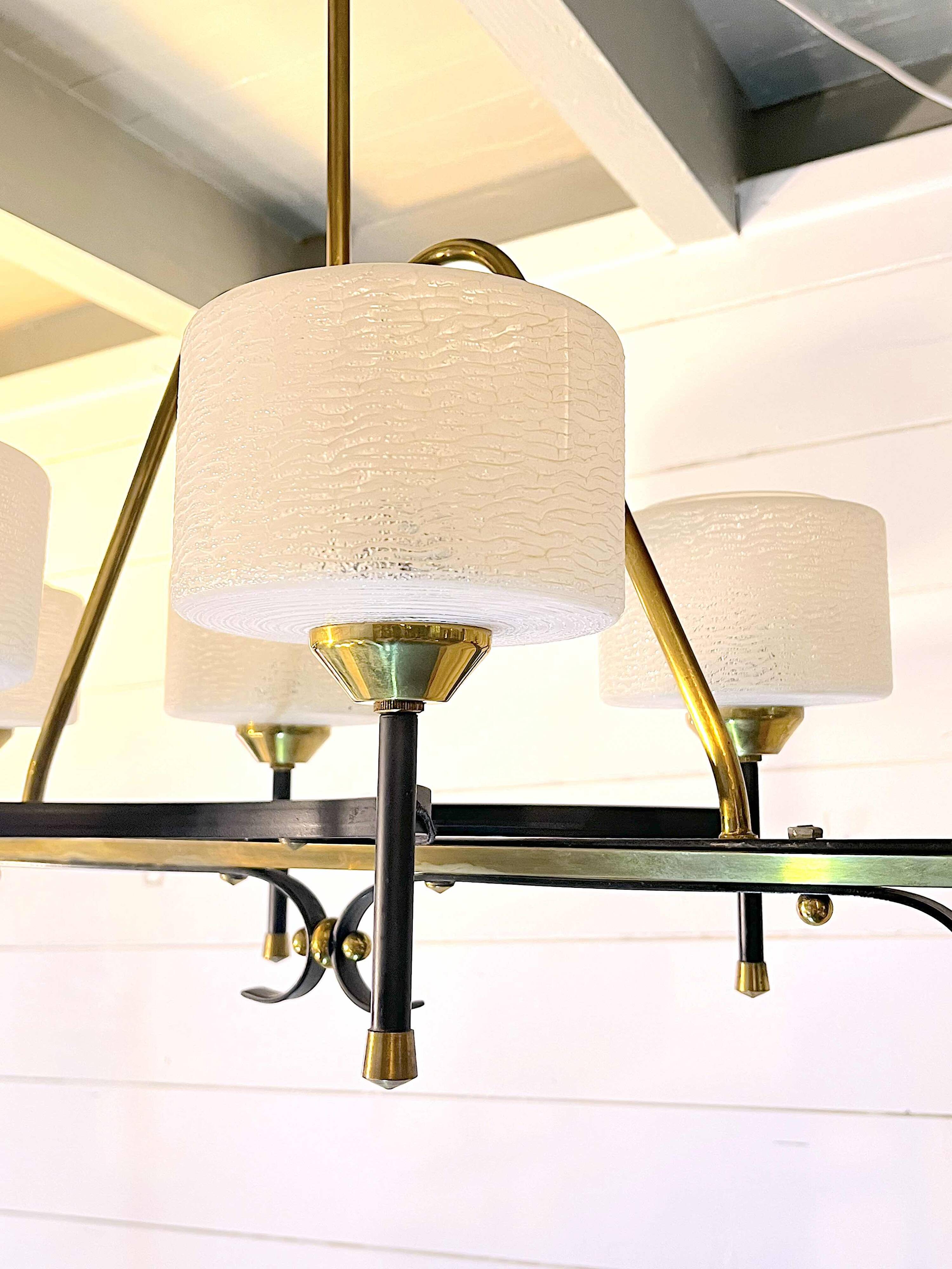 Maison Arlus, mid-century chandelier, brass and opaline, France 1950