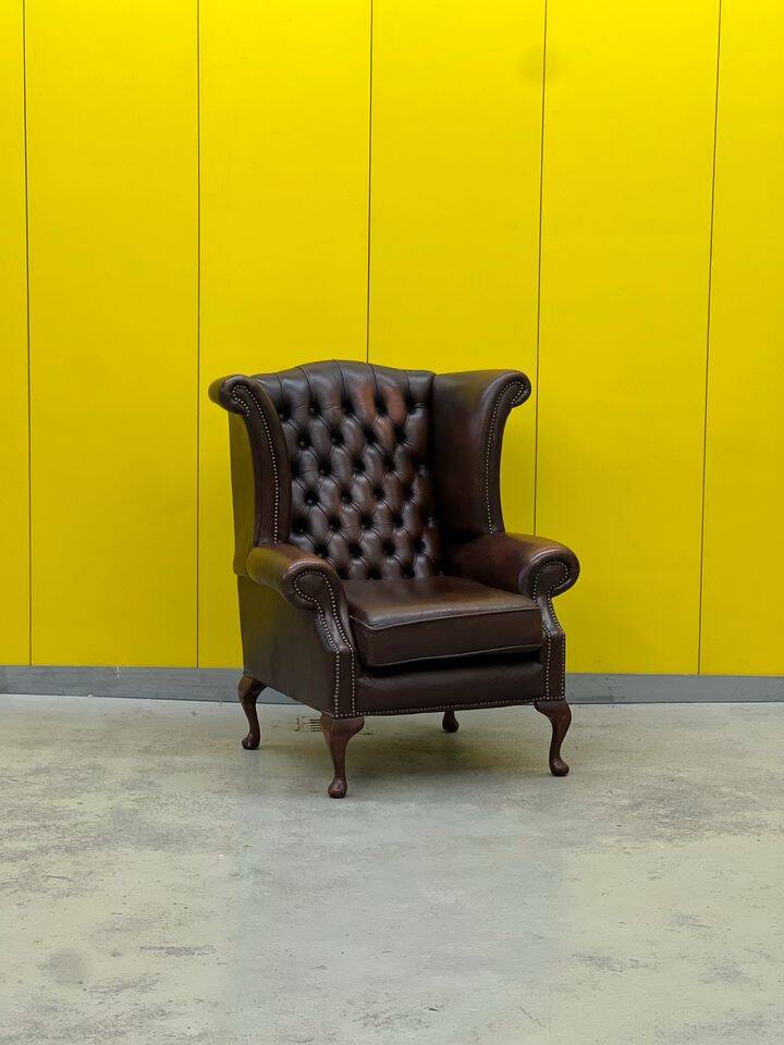 Vintage Brown leather chesterfield wingback armchair