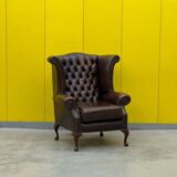 Vintage Brown leather chesterfield wingback armchair
