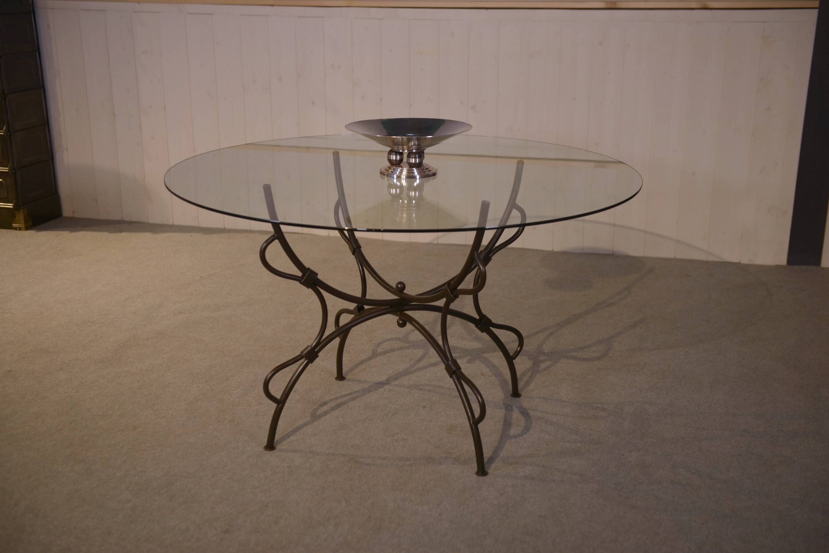 Table piètement en fer forgé pliant et plateau en verre intérieur/extérieur