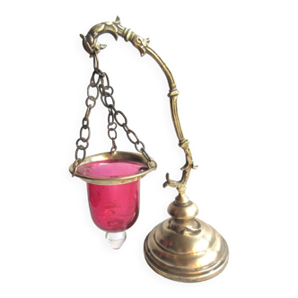 Lampe veilleuse d'autel, Napoléon III, Laiton, bronze et verre rouge