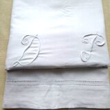Antique white cotton sheet with DP monogram and openwork in return 2 x 3 m