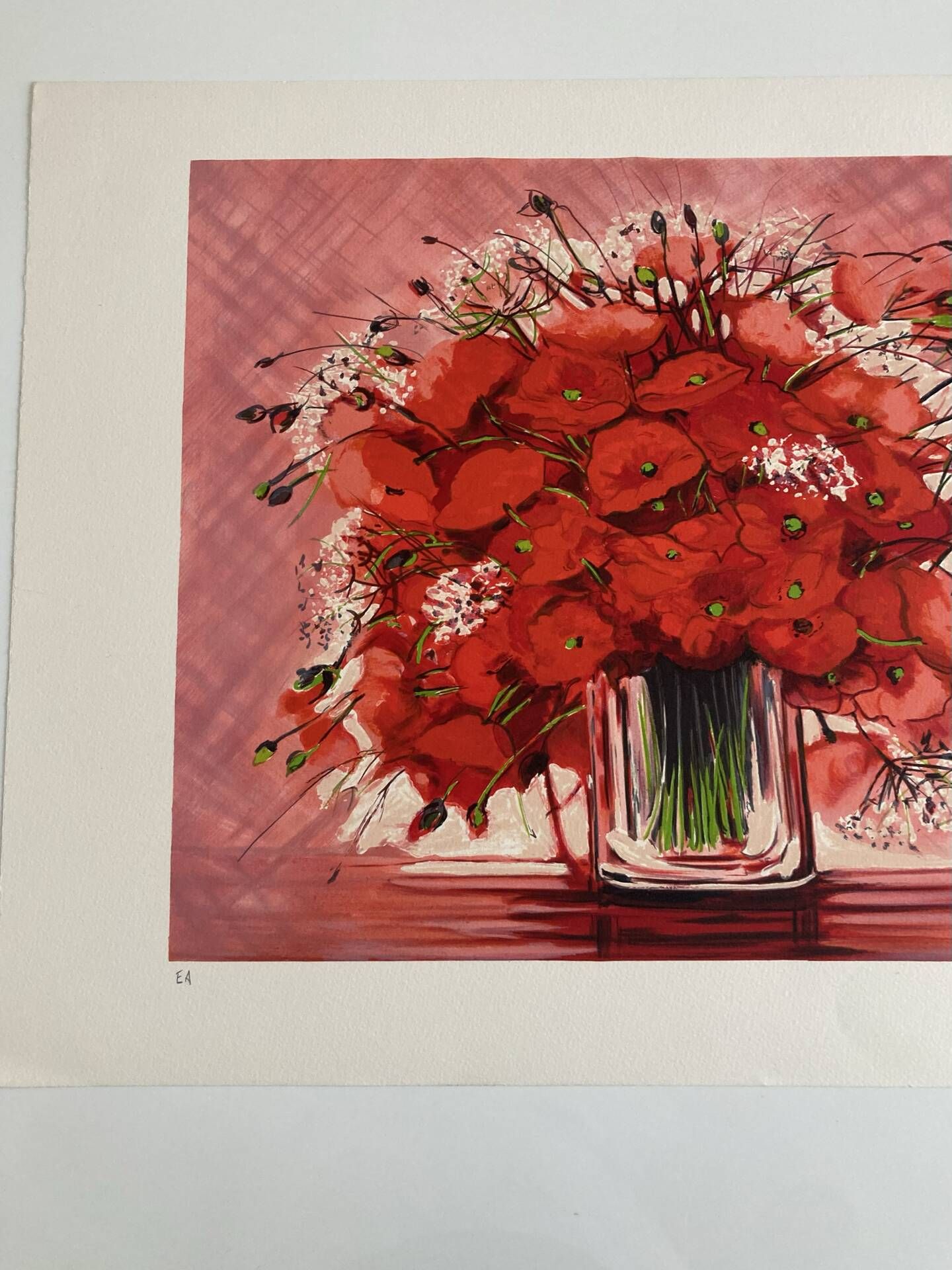 Lithographie originale signée Michel Henry - Bouquet de Coquelicots