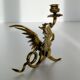 Large Brass Candlestick - Mythological Winged Griffin Dragon - Gothic