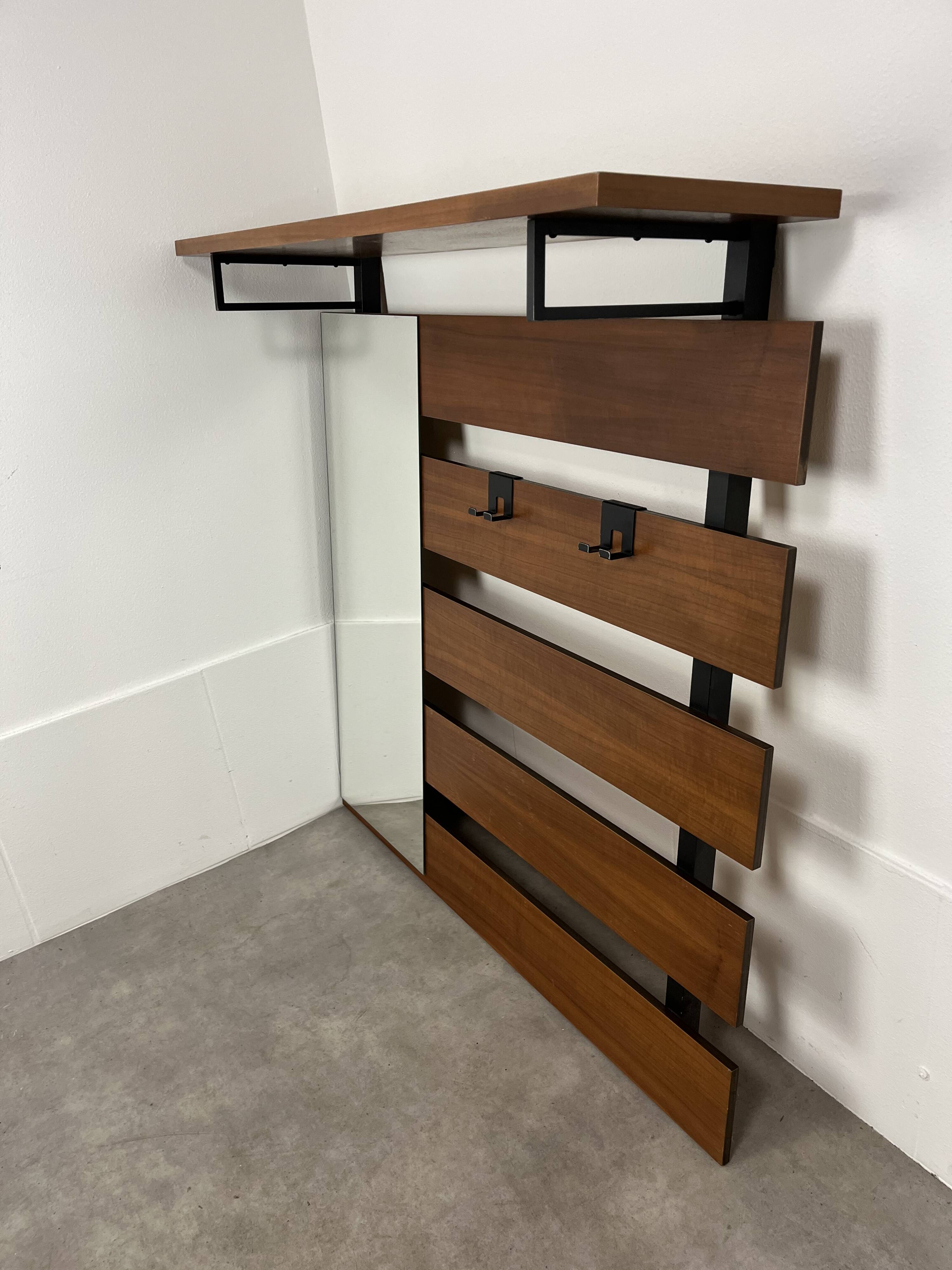 Teak wall coat rack and mirror, 60s, cloakroom