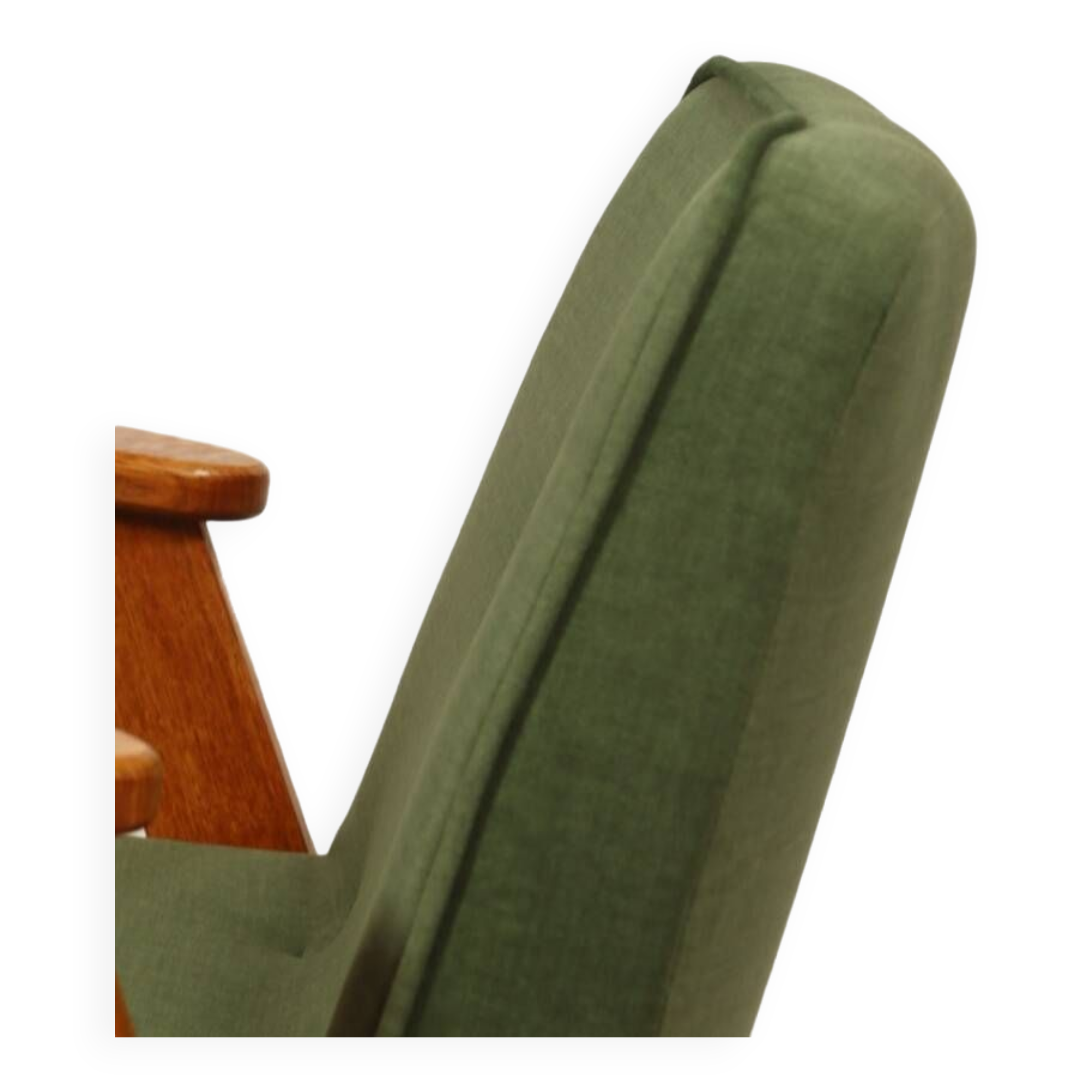 Fauteuil vintage moderne chêne clair vert royal 1962 design par Chierowski