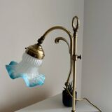Art Nouveau style gilded brass lamp with sky blue opaline tulip