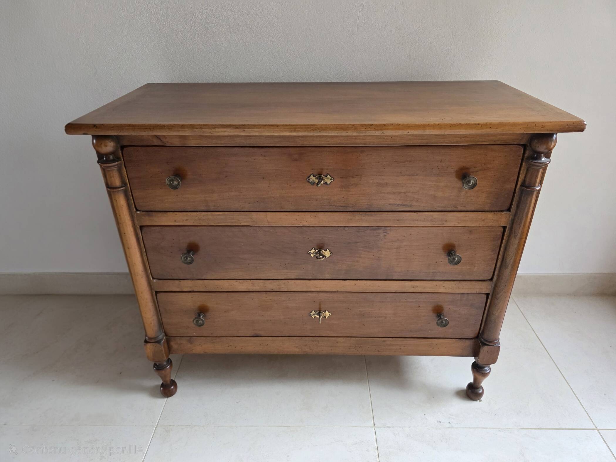 Empire style chest of drawers with 3 drawers in light walnut