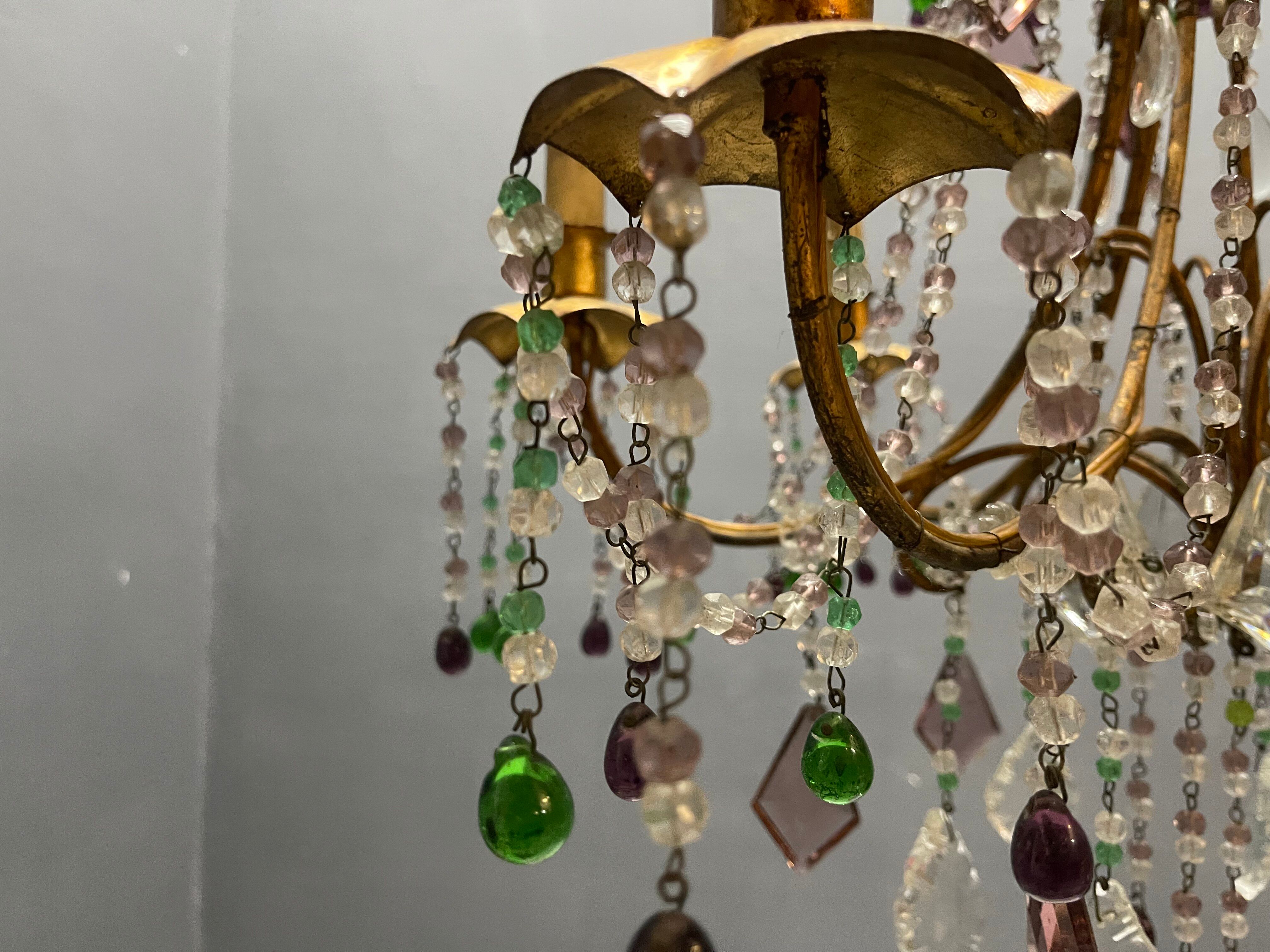 Chandelier en verre de Murano perlé doré en tole florentine italienne des années 1950 à 6 lumières