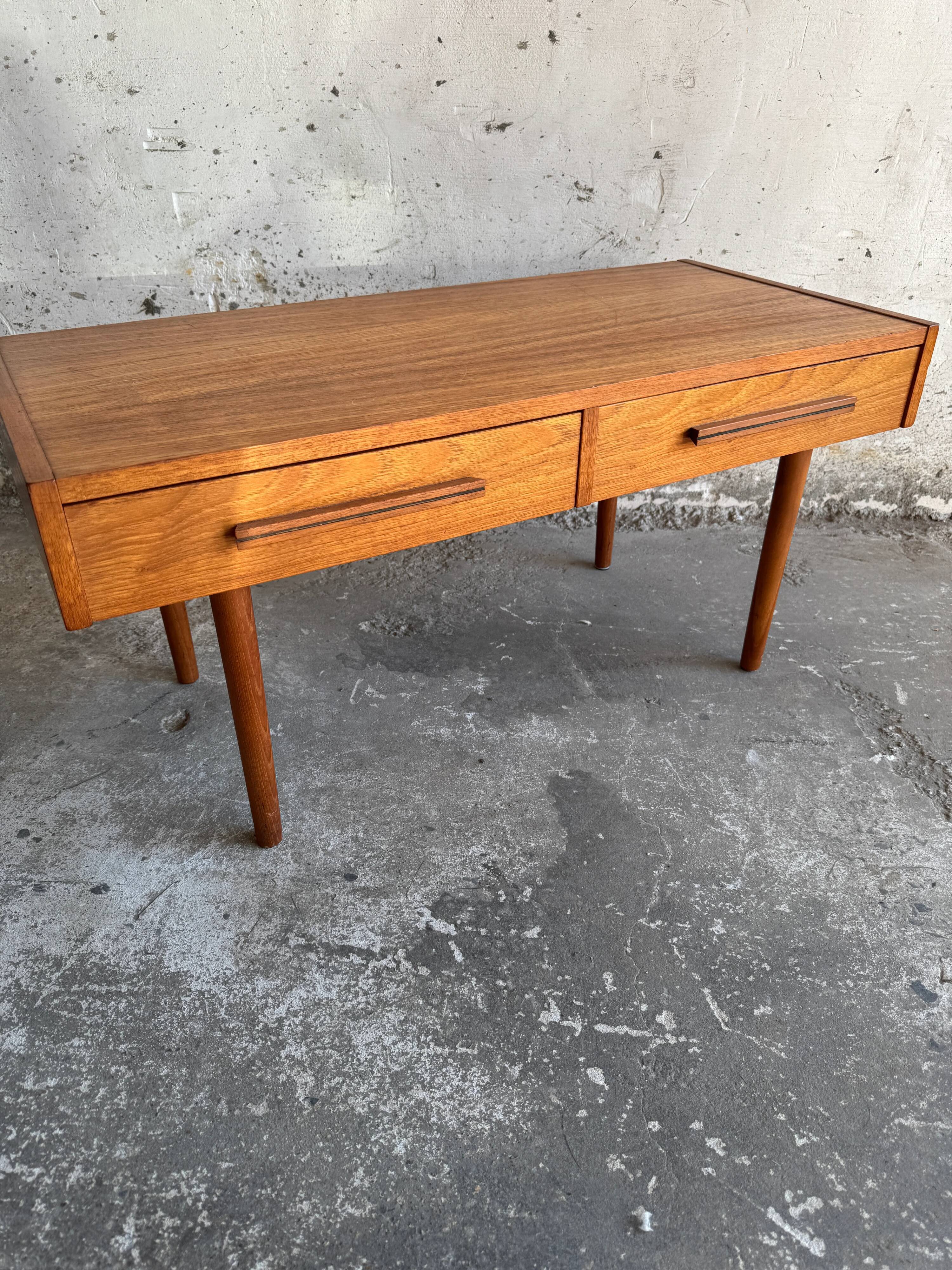 Low Danish Teak Cabinet by Millenium Design — Warm Teak Veneer, Two Drawers, Tapered Legs