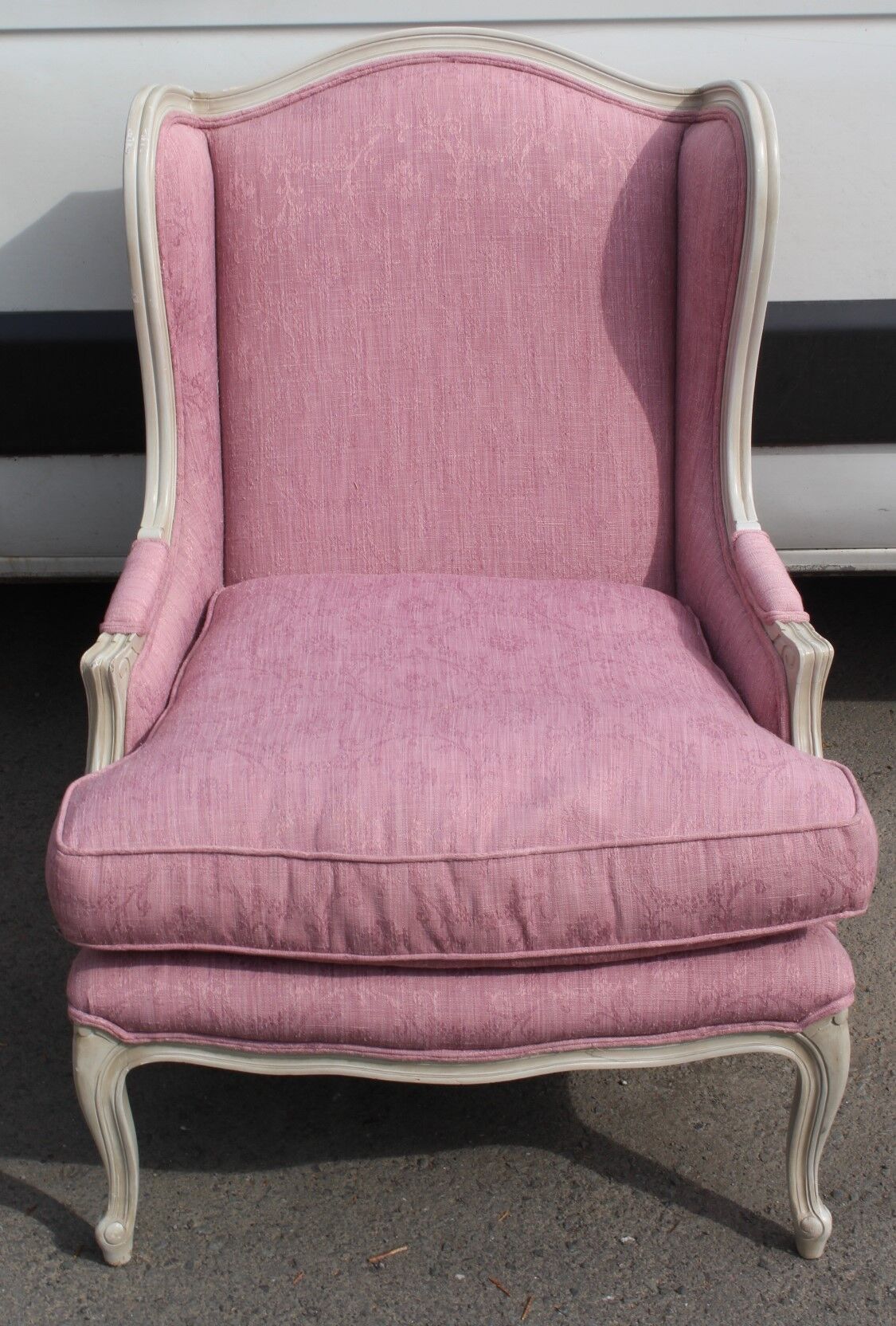 White painted armchair covered in Lilac colour  material
