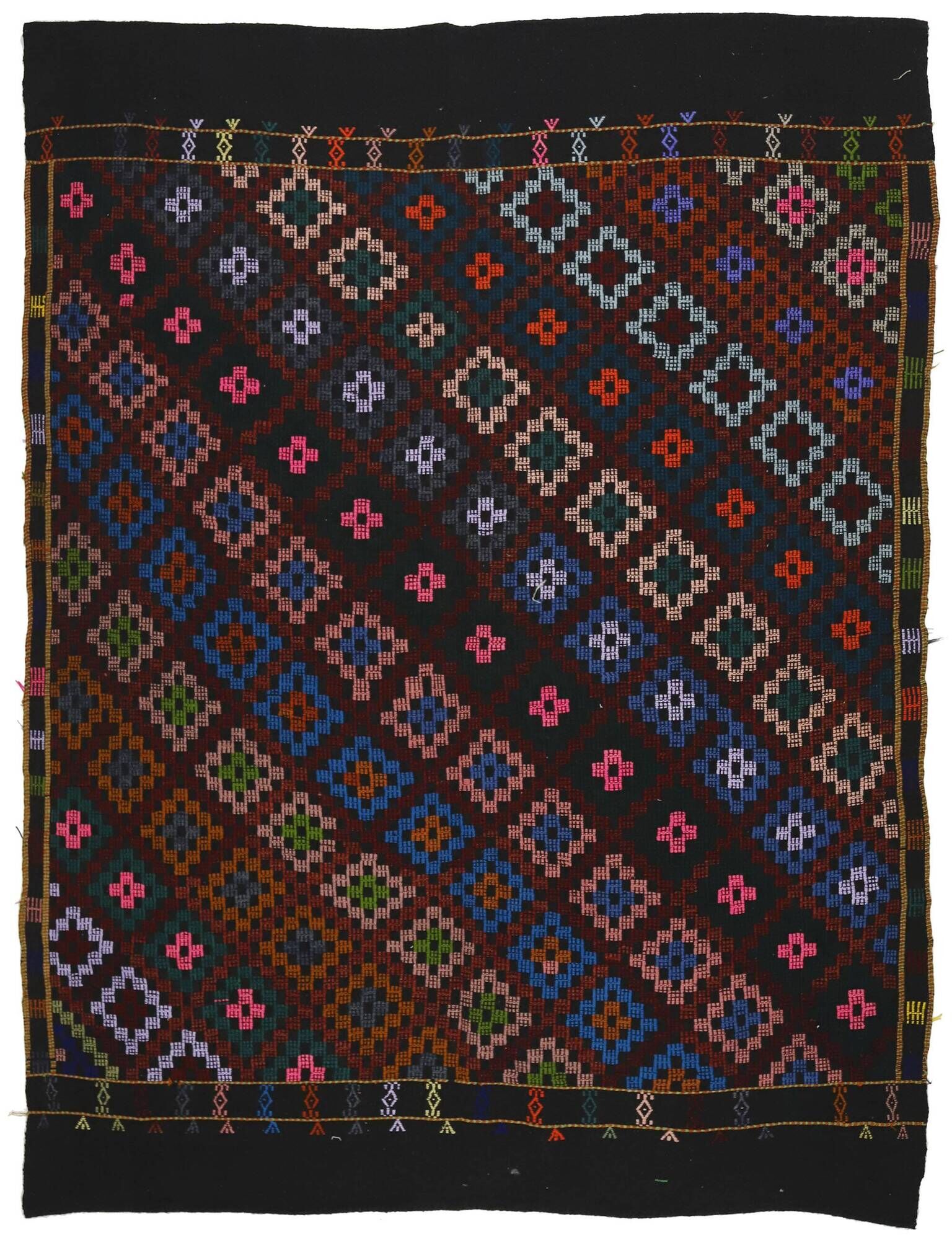 Large vintage Turkish kilim, graphic blue and pink, 282 x 203 cm.