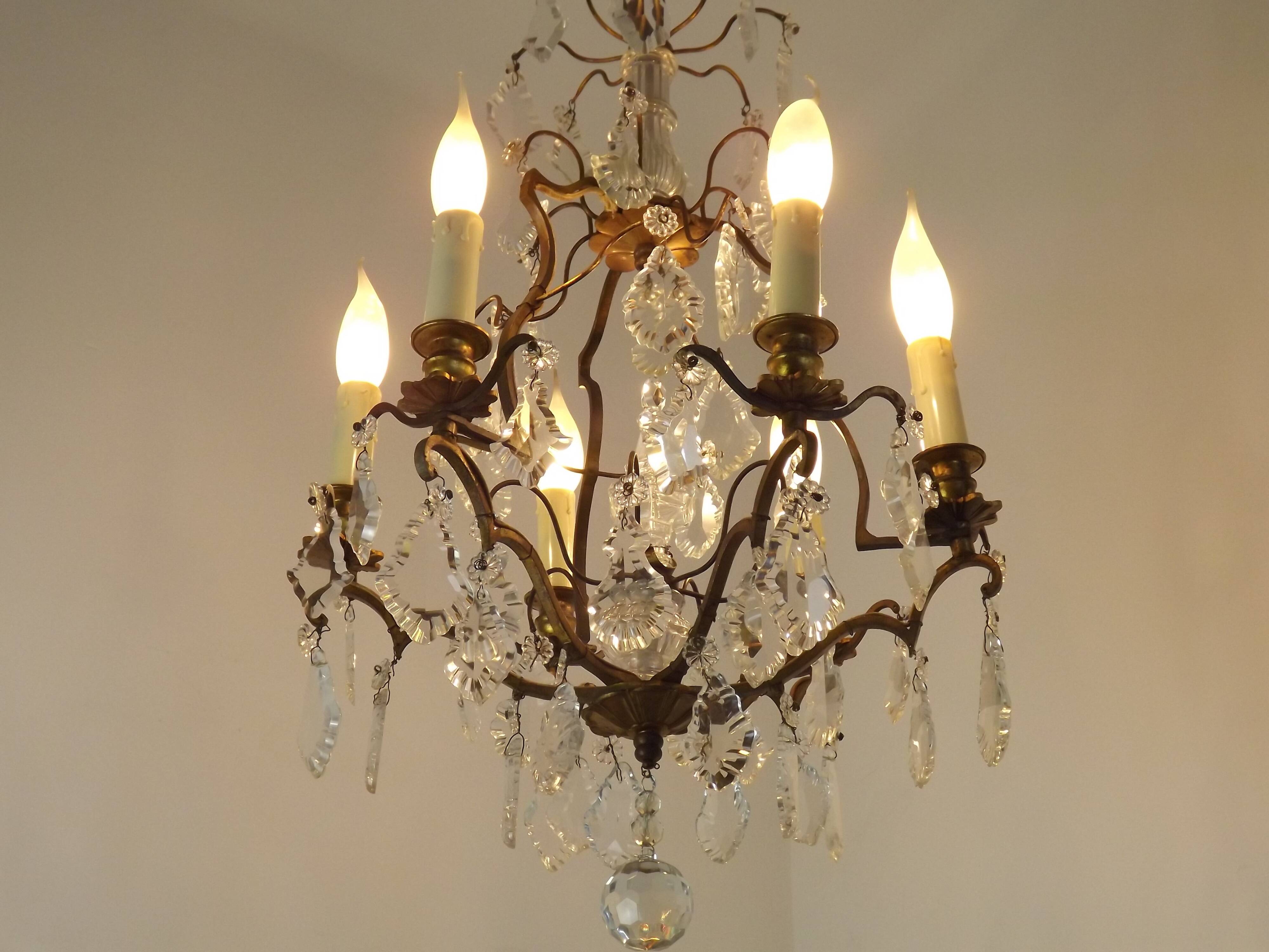 French Bronze and Glass 6 Light Cage Chandelier With Assorted Crystals 5518
