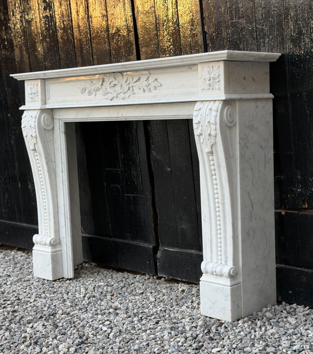 Louis XV style fireplace in Carrara marble, circa 1980.