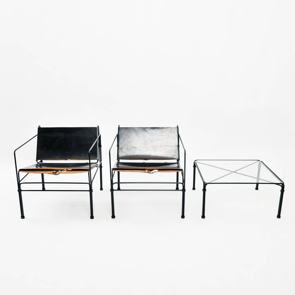 Black modernist design lounge set by Jan van Opzeeland in leather and steel bar, Netherlands, 1980s