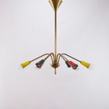 Multicolored vintage brass chandelier, 1950, 6 arms, 60cm in diameter
