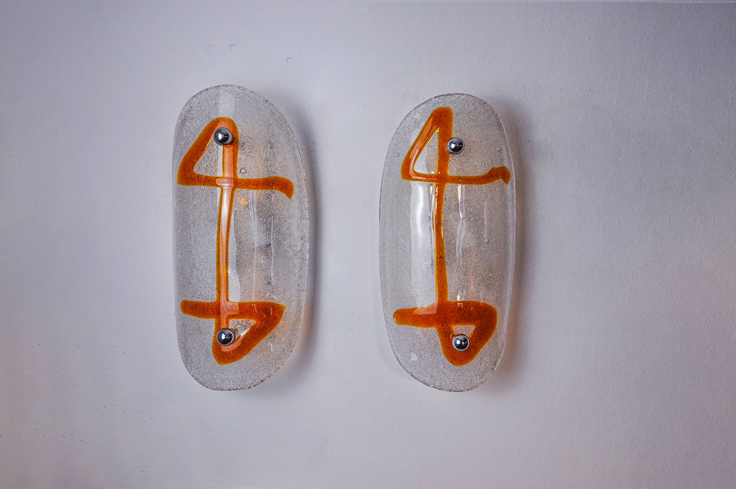 Pair of XL wall lights by Murano Mazzega in orange frosted glass Italy 1970