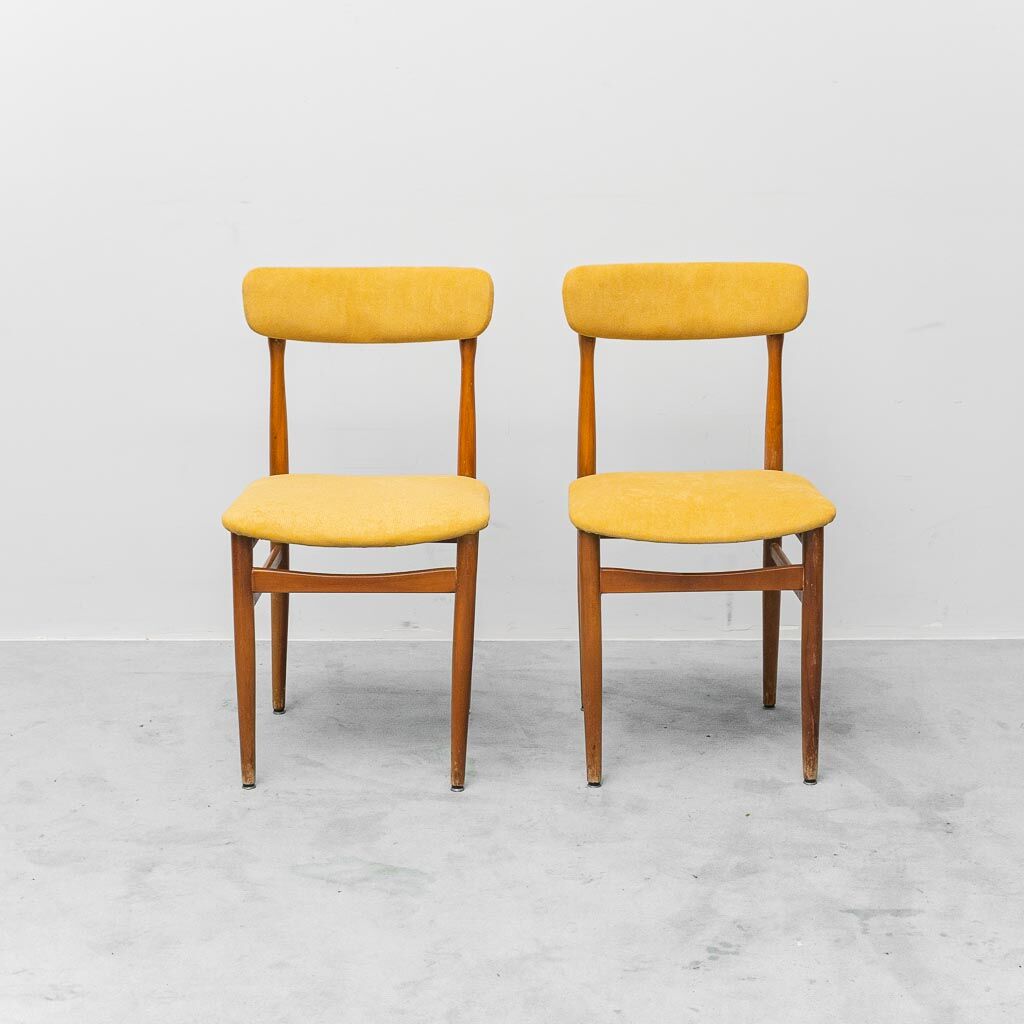 Pair of vintage chairs in wood and yellow fabric, 1960s modernism