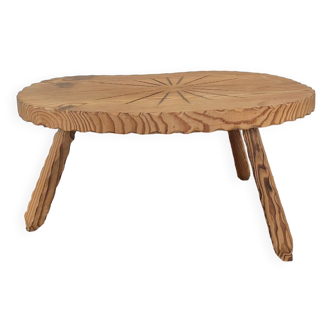 Brutalist carved wood tripod coffee table