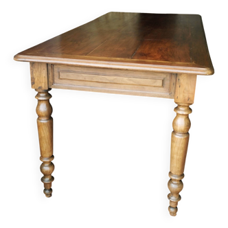 Old French farmhouse table in walnut, turned legs, waxed finish