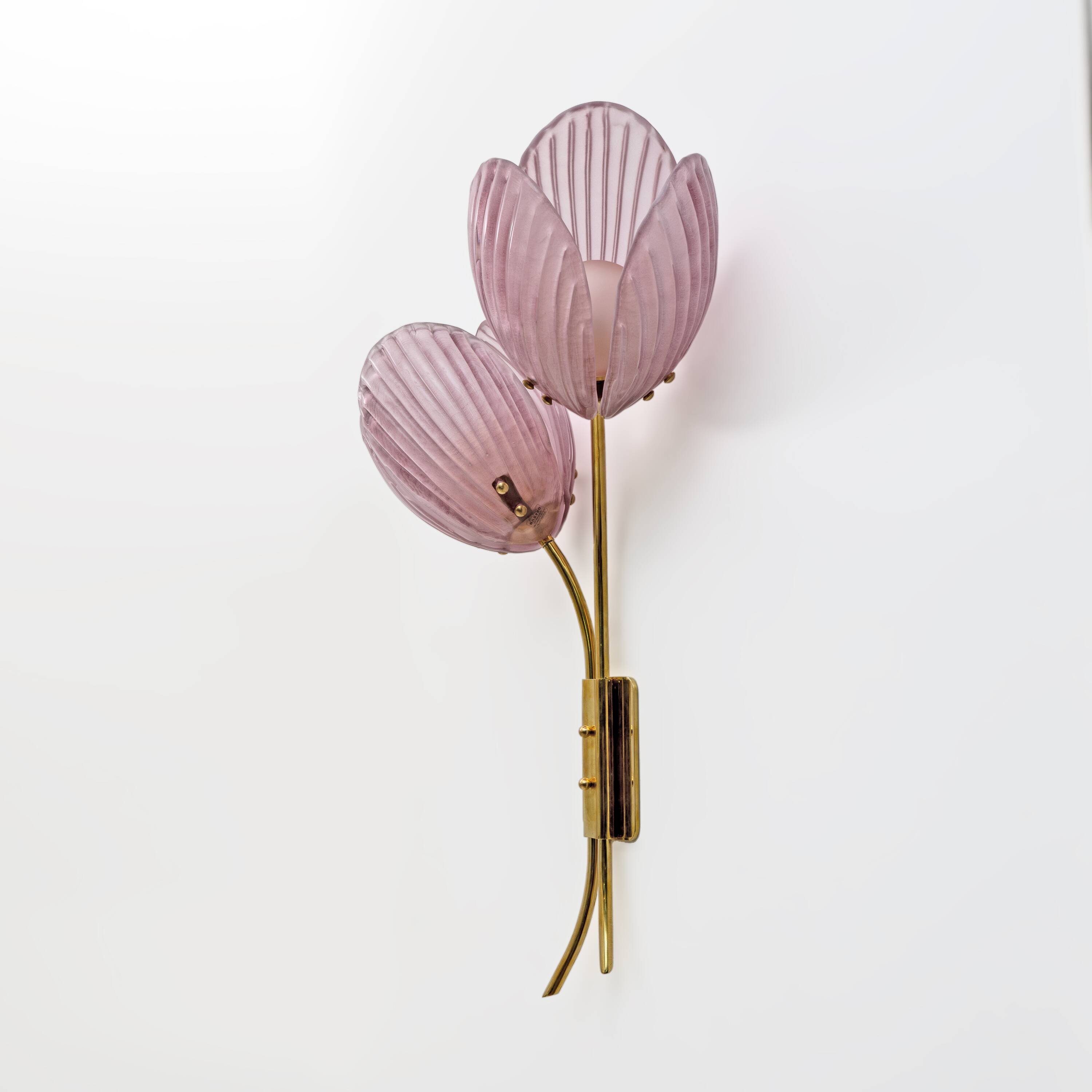 Pair of Tulips Murano Glass and Brass Sconces