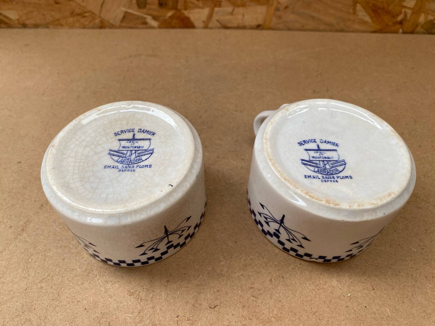 Pair Antique Creil & Montereau Mug Checkerboard Pattern Ceramic France