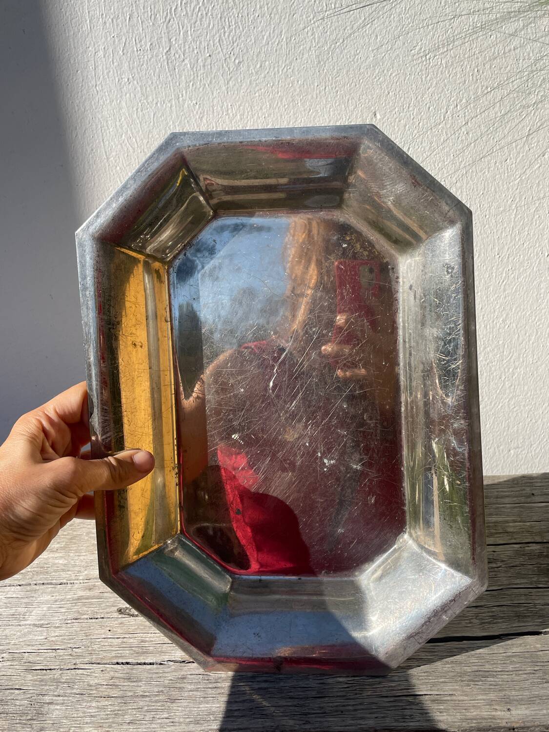 Octagonal silver-plated metal dish