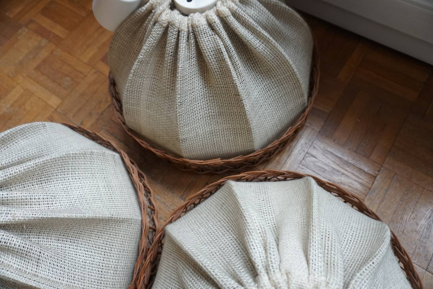 3 70s pendant lights - fabric and rattan