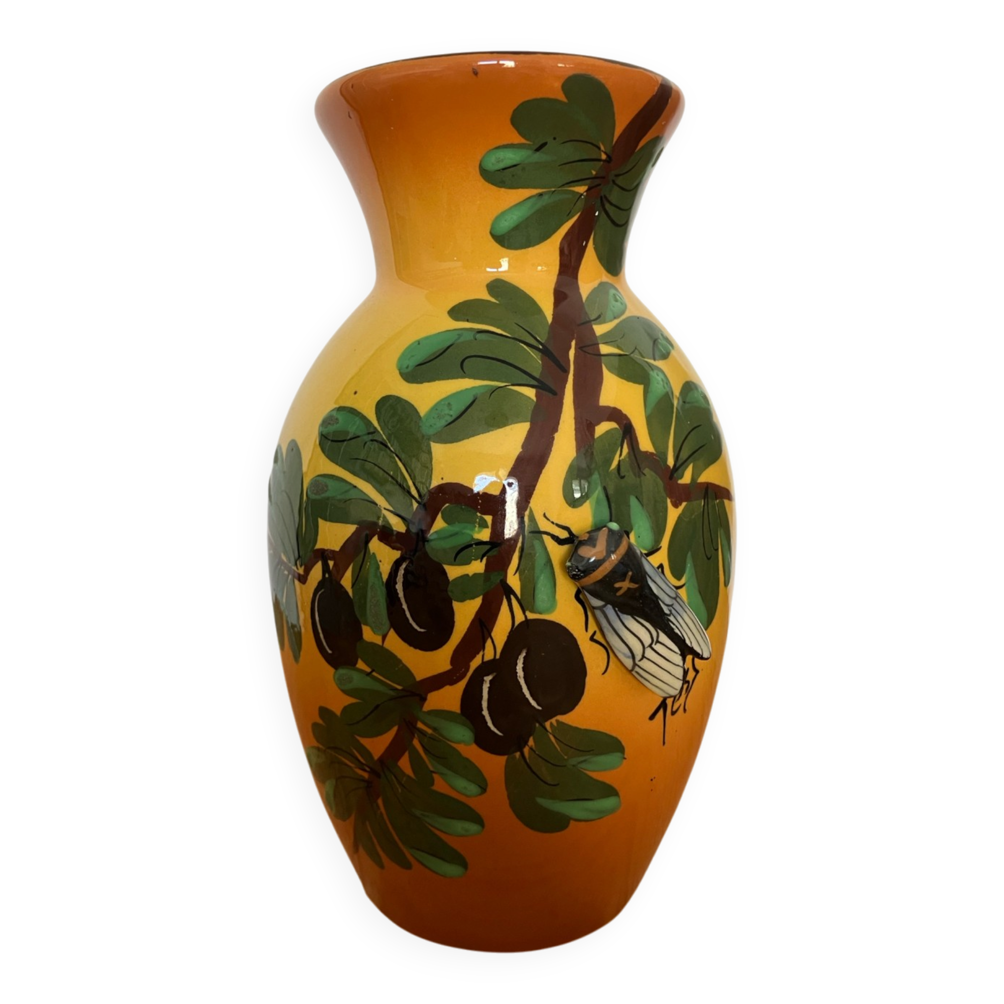 Vase faïence Tess Vallauris, décor oliviers et cigale