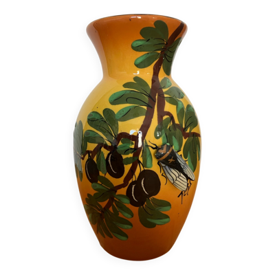 Vase faïence Tess Vallauris, décor oliviers et cigale