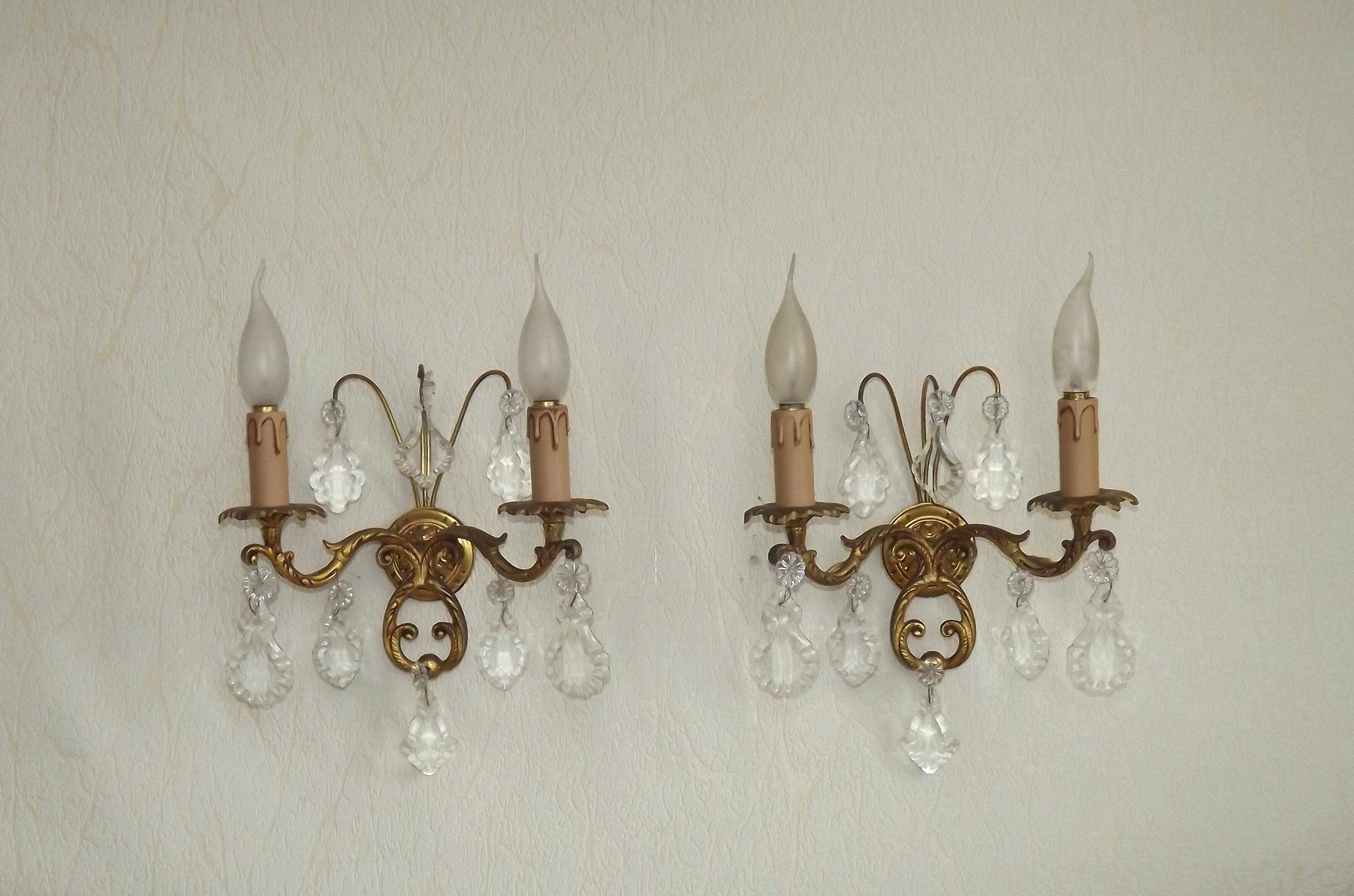 Pair of French Vintage Bronze Double Wall Lights Assorted Crystals 5331