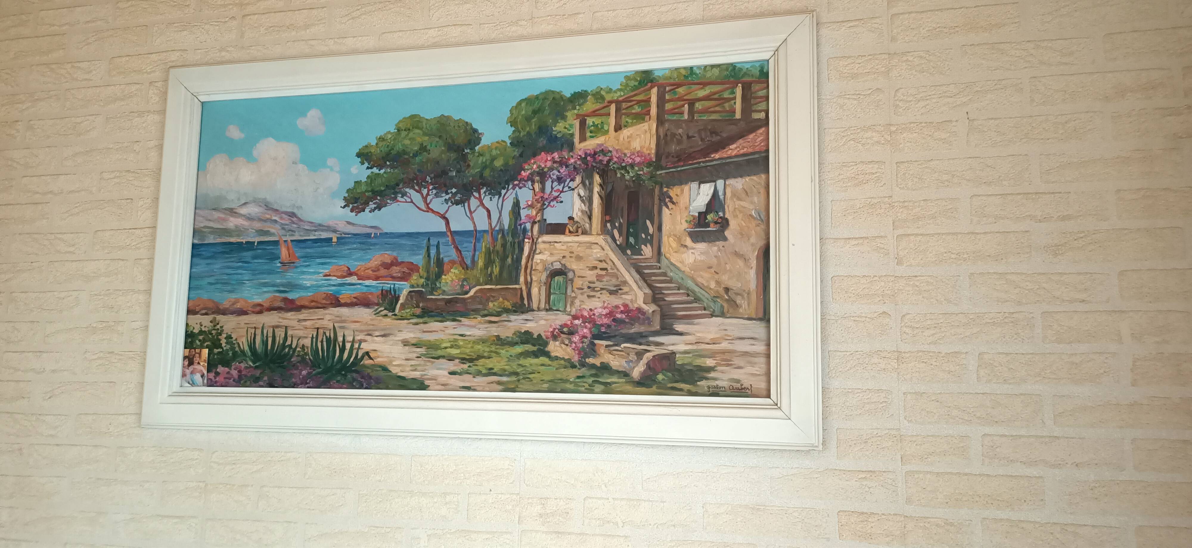 Oil on canvas signed by Gaston Aubert – large vintage Mediterranean landscape.