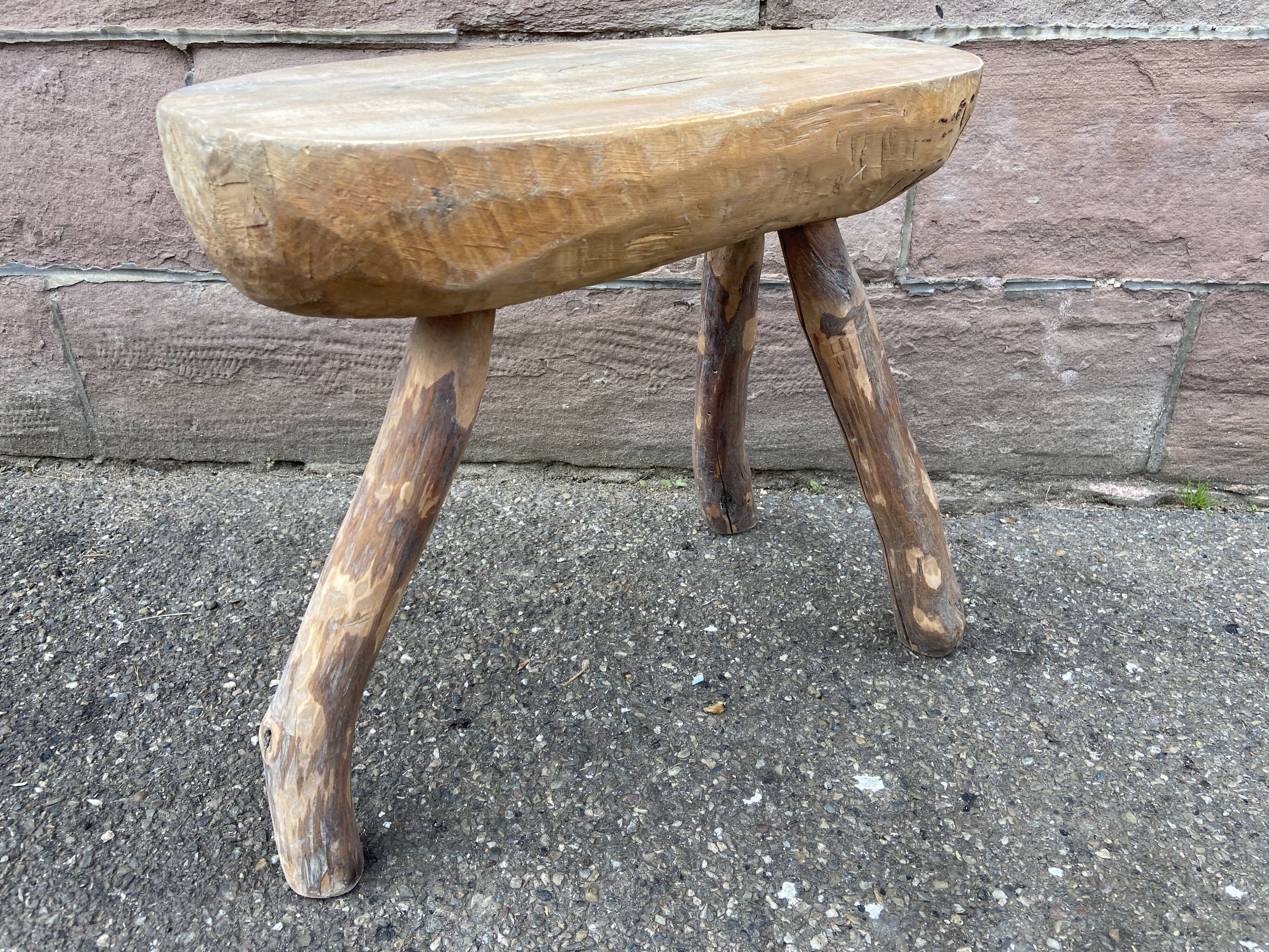 Pair of rustic 1940 brutalist wooden tripod farm stools vintage