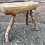 Pair of rustic 1940 brutalist wooden tripod farm stools vintage
