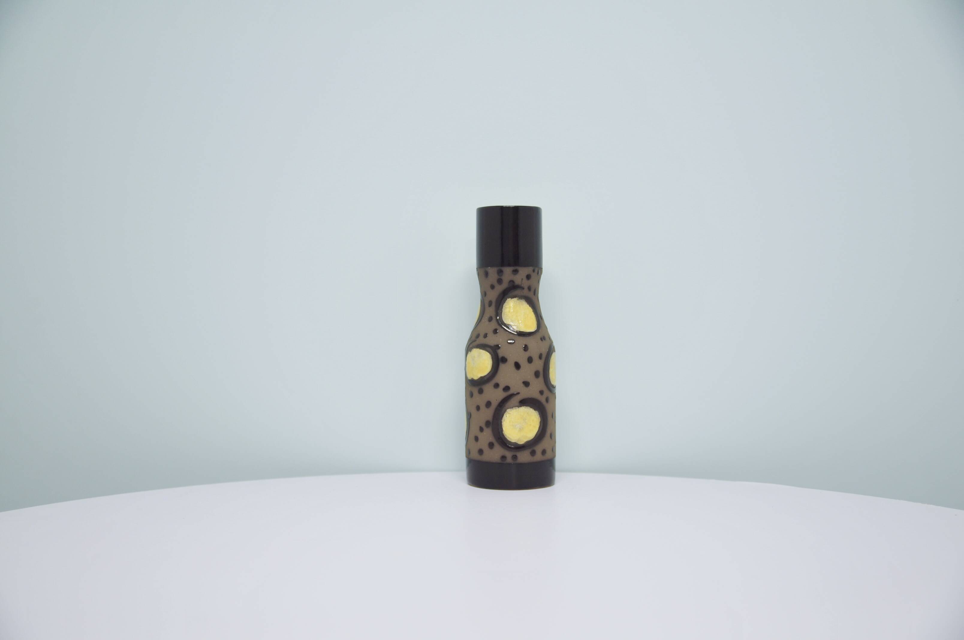 Vintage brown & yellow polka dot narrow vase strehla