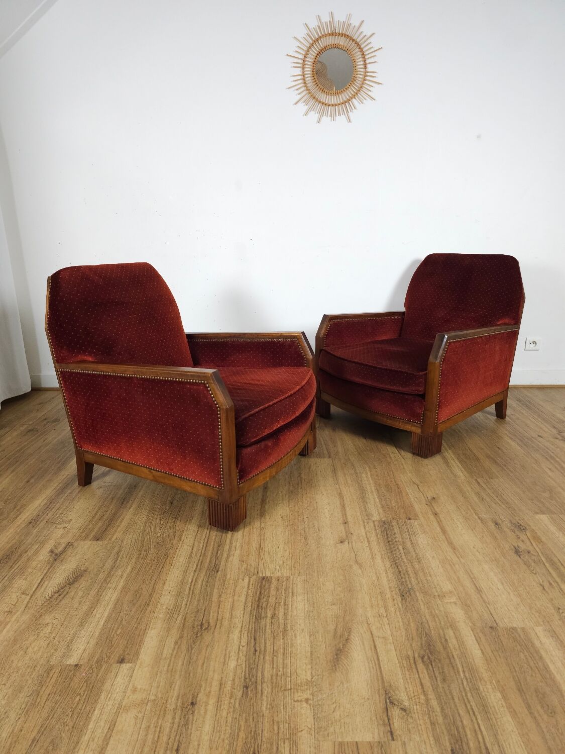 Pair of Art Deco Armchairs, Solid Wood and Red Velvet