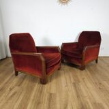 Pair of Art Deco Armchairs, Solid Wood and Red Velvet