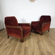 Paire de Fauteuils Art-Déco, Bois Massif et velours rouge