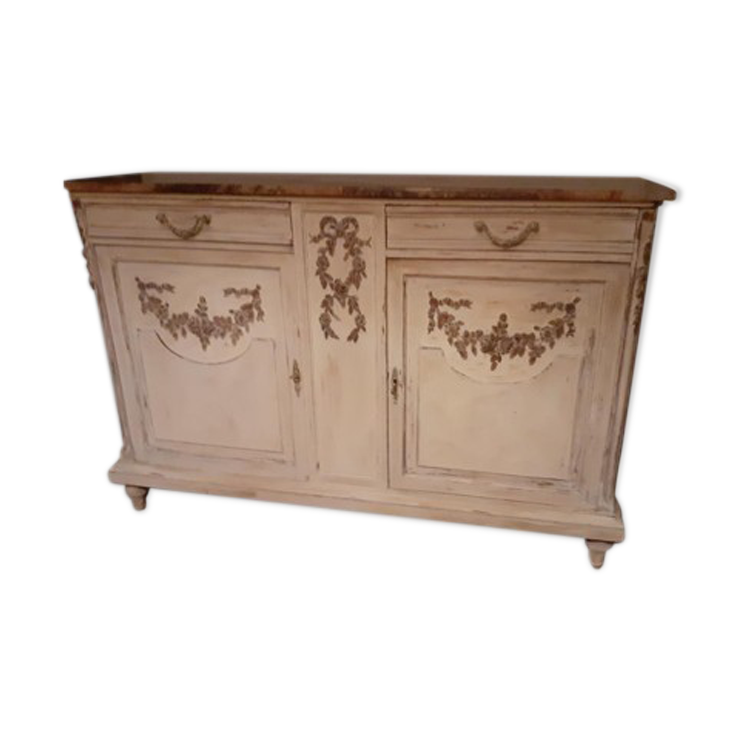 Sideboard 2 doors and 2 drawers with floral decorations, white patinated furniture