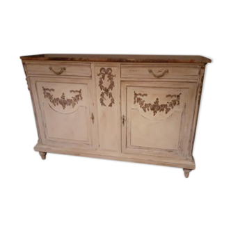 Sideboard 2 doors and 2 drawers with floral decorations, white patinated furniture