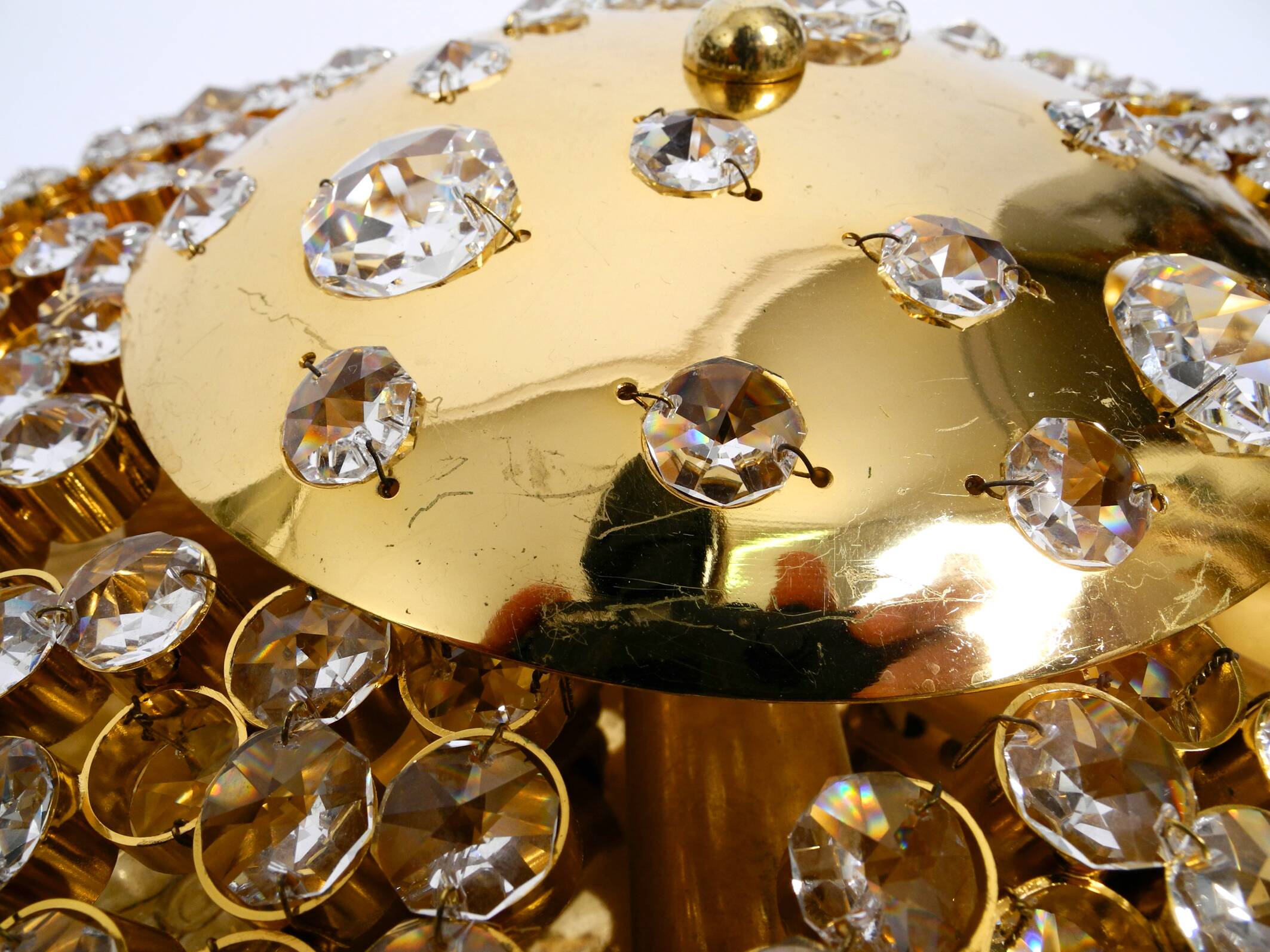 Gorgeous large 1970s Palwa brass ceiling or wall lamp with faceted crystal