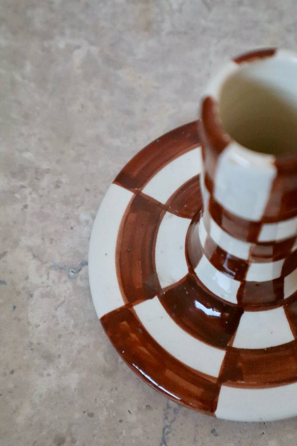 Handmade Brown Checkered Candlestick Holder