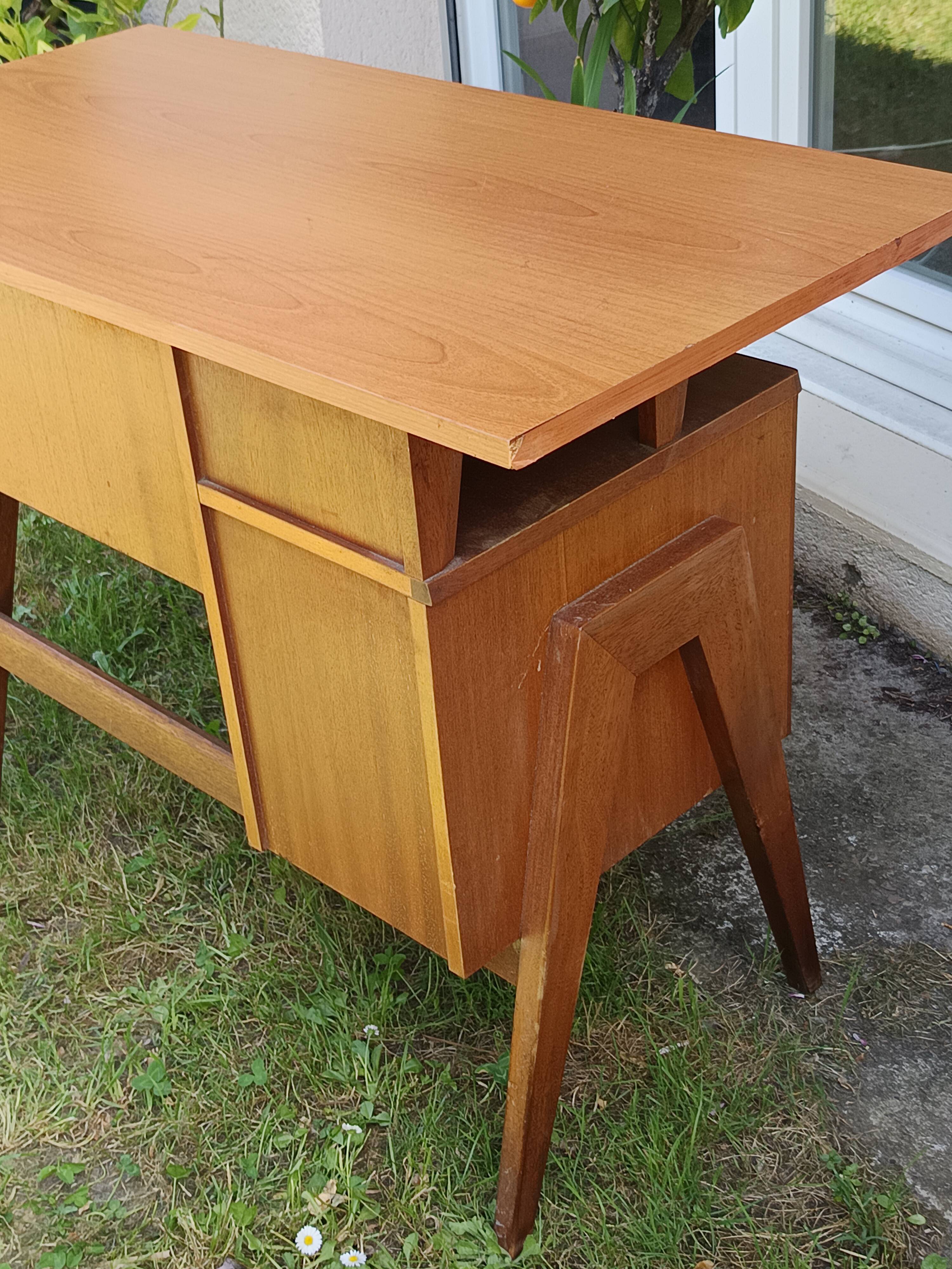 Bureau vintage années 50 pieds compas – bois clair – 100 x 50 cm