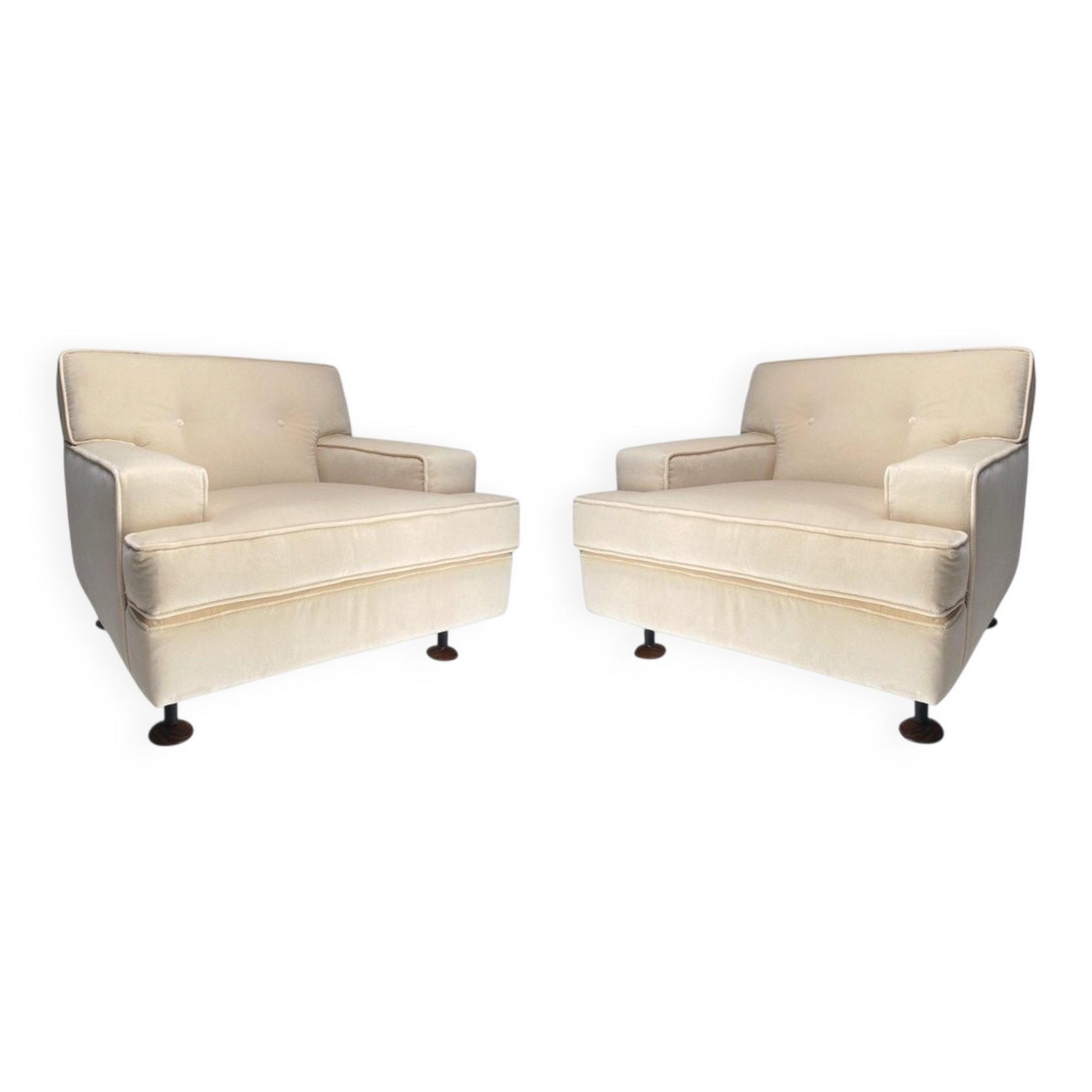 Paire de fauteuils carrés en velours blanc avec pieds en teck attribuées à Marco Zanuso pour Arflex, Italie, 1962